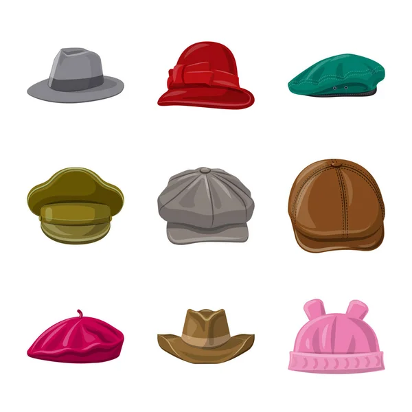모자와 모자 아이콘의 고립 된 개체입니다. 헤드 기어와 액세서리 재고 벡터 일러스트 레이 션의 컬렉션. — 스톡 벡터