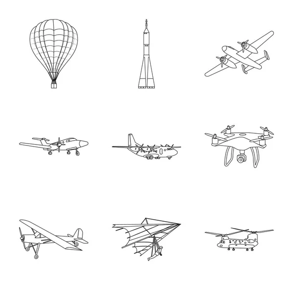 Isolerade objekt av planet och transport tecken. Uppsättning av planet och sky lager vektorillustration. — Stock vektor