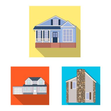 Vektör yapı tasarımı ve ön işareti. Web için bina ve çatı hisse senedi simgesi kümesi.