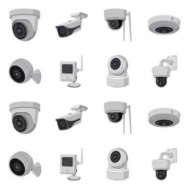 Cctv ve kamera işareti vektör Illustration. Web için cctv ve sistem hisse senedi simgesi kümesi.