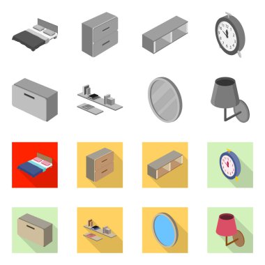 Yatak odası ve oda işareti yalıtılmış nesne. Yatak ve mobilya hisse senedi vektör çizim topluluğu.