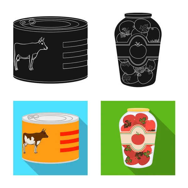 Illustrazione vettoriale di lattina e cibo segno. Raccolta di lattina e pacchetto stock simbolo per il web . — Vettoriale Stock