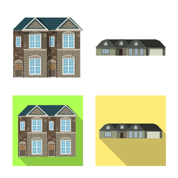 Ilustração vetorial do edifício e logotipo da frente. Coleção de edifício e ícone de vetor de telhado para estoque . — Vetor de Stock
