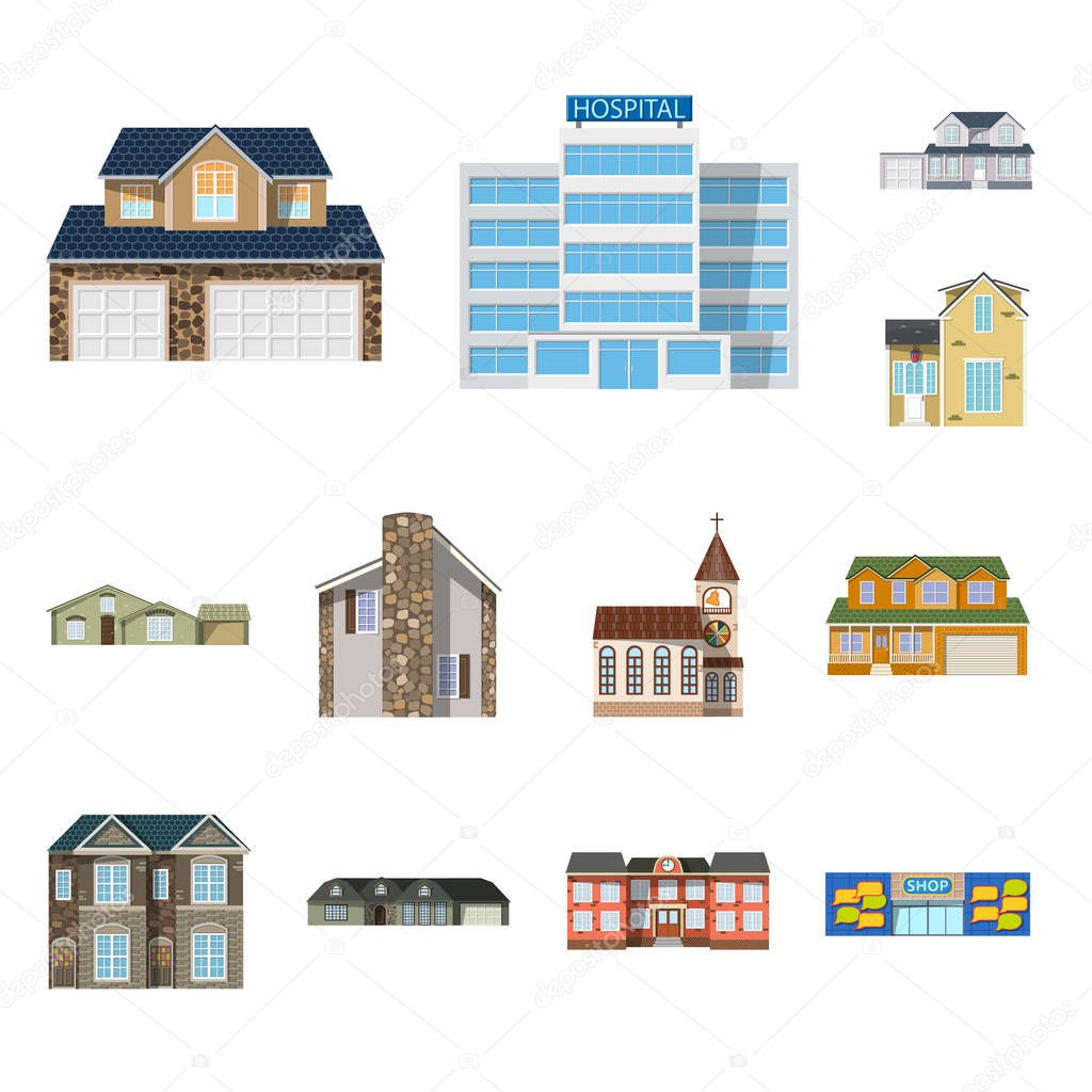 Isolated object of building and front icon. Collection of building and roof stock vector illustration.