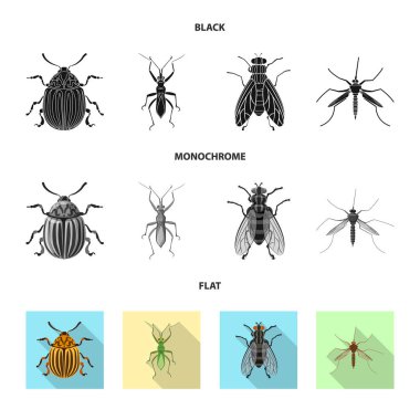 Böcek ve sinek logosu yalıtılmış nesne. Web için böcek ve öğe hisse senedi simgesi kümesi.