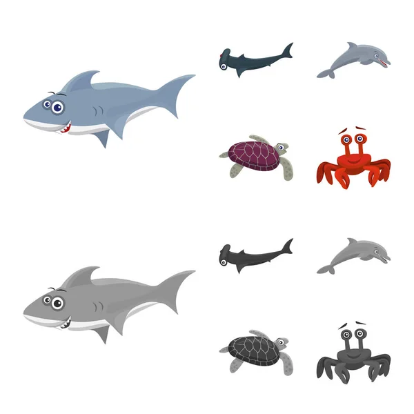 Ilustração vetorial do sinal do mar e do animal. Conjunto de símbolo de estoque marítimo e marítimo para web . — Vetor de Stock
