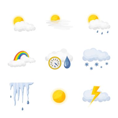 Hava ve İklim logo yalıtılmış nesne. Hava ve bulut hisse senedi vektör çizim seti.