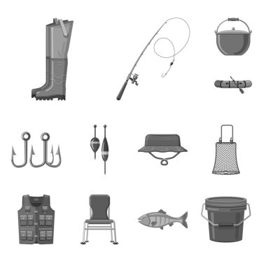 Balık ve balık tutma simge vektör tasarımı. Web için balık ve ekipman hisse senedi simgesi kümesi.