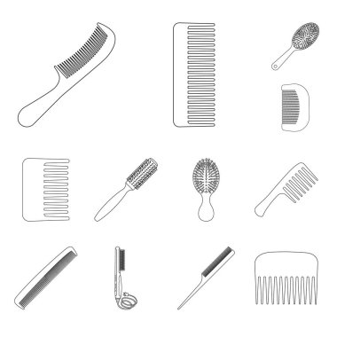 Fırça ve saç logosu yalıtılmış nesne. Web için fırça ve saç fırçası hisse senedi simgesi kümesi.