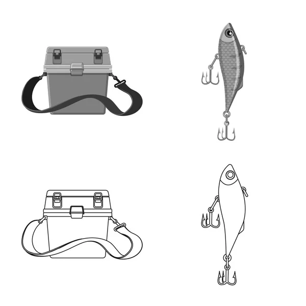Vektorillustration des Fisches und des Angelsymbols. Set von Fisch und Ausrüstung Vektor Illustration. — Stockvektor