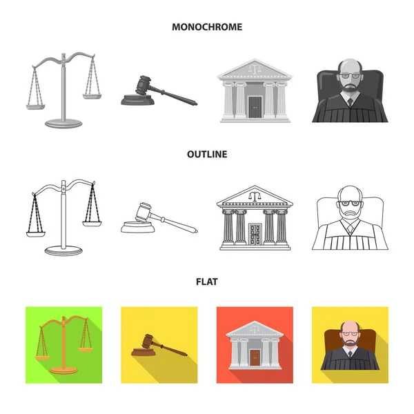 Vektordesign des Gesetzes und des Anwaltslogos. Sammlung von Rechts- und Justizvektorsymbolen für Aktien. — Stockvektor