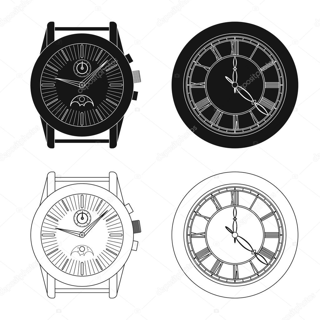 Vector illustration of clock and time icon. Set of clock and circle vector icon for stock.