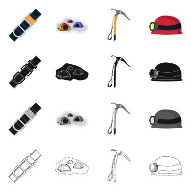 Dağcılık ve tepe simge vektör tasarımı. Dağcılık ve kamp kümesi web için hisse senedi simgesi.