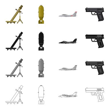 Silah ve silah logo yalıtılmış nesne. Hisse senedi için silah ve ordu vektör simge kümesi.