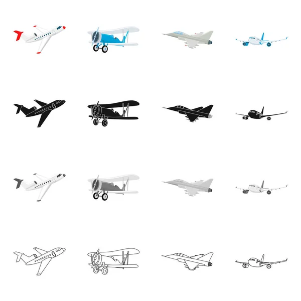 Progettazione vettoriale dell'icona dell'aereo e del trasporto. Set di icone vettoriali piano e cielo per stock . — Vettoriale Stock