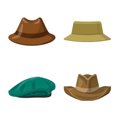 Şapkalar ve kap sembolü yalıtılmış nesne. Şapkalar ve hisse senedi için aksesuar vektör ikon koleksiyonu.