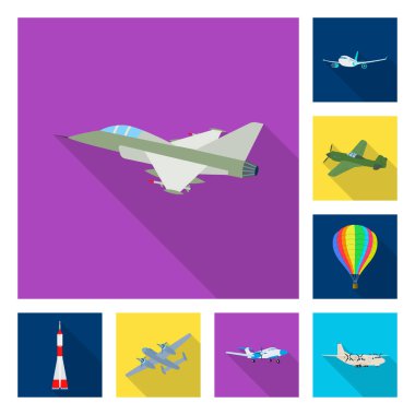 Uçak ve taşıma logo vektör tasarımı. Web için uçak ve gökyüzü hisse senedi simgesi kümesi.