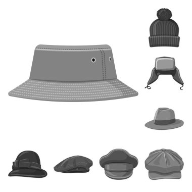 Şapkalar ve kap simge vektör tasarımı. Şapkalar ve hisse senedi için aksesuar vektör ikon koleksiyonu.