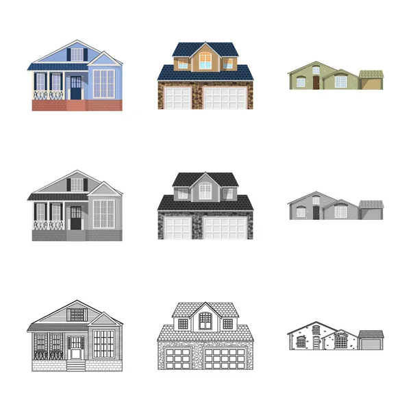 Ilustração vetorial do edifício e símbolo frontal. Coleção de edifício e ícone de vetor de telhado para estoque . — Vetor de Stock