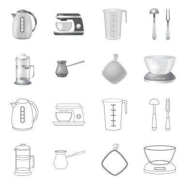 Mutfak ve yemek logosu yalıtılmış nesne. Mutfak ve cihaz hisse senedi vektör çizim seti.