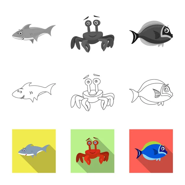 Diseño vectorial del icono del mar y los animales. Conjunto de símbolo de stock marino y marino para web . — Vector de stock