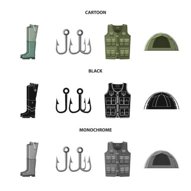 Balık ve balık tutma işareti vektör tasarımı. Web için balık ve ekipman hisse senedi simgesi kümesi.