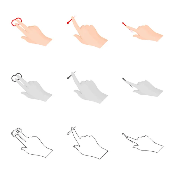 터치 스크린 및 손 로고의 고립 된 개체입니다. 주식에 대 한 터치 스크린 및 터치 벡터 아이콘의 컬렉션. — 스톡 벡터