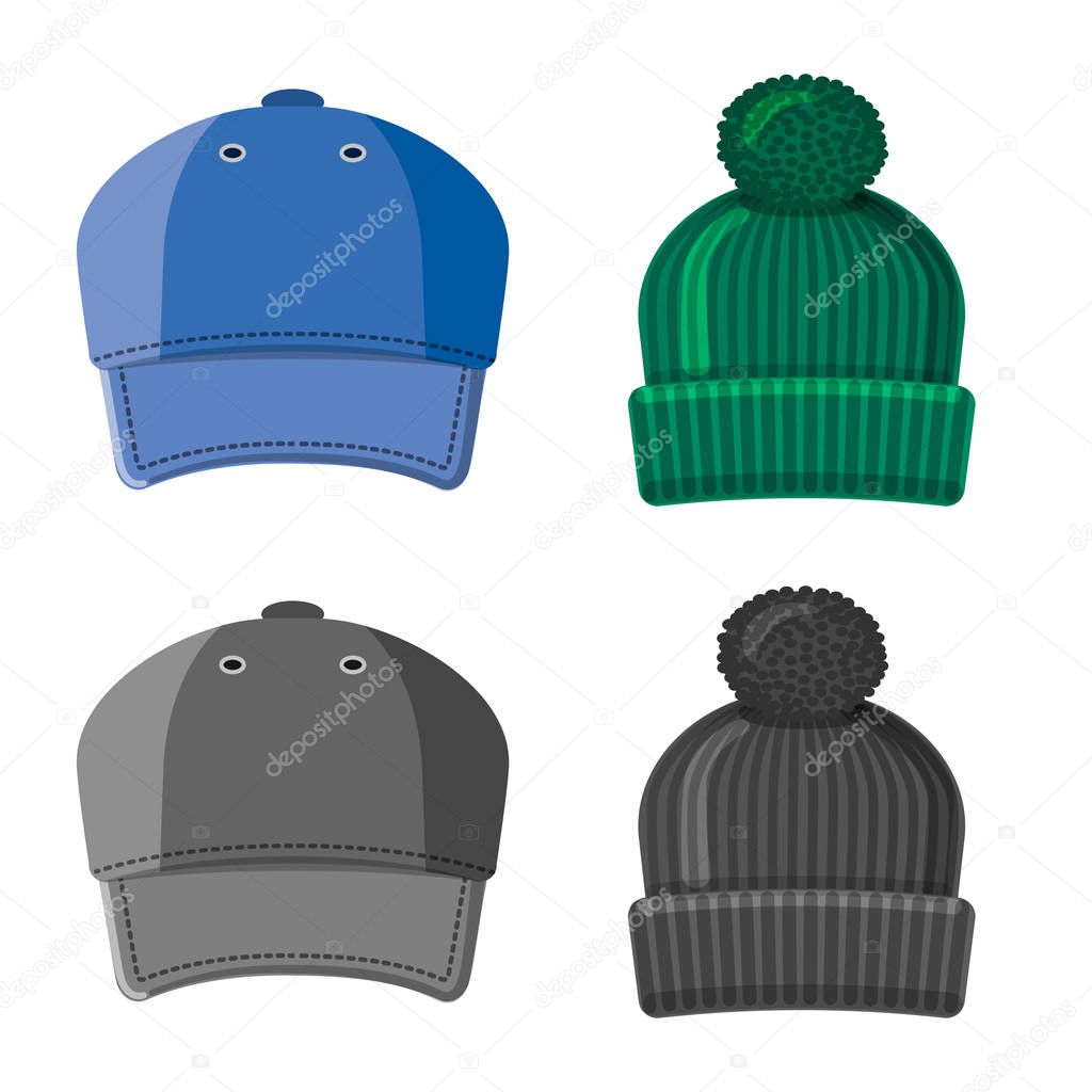 Vector design of headgear and cap sign. Collection of headgear and accessory stock vector illustration.