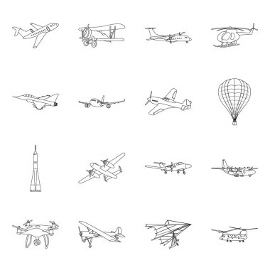 Uçak ve taşıma simgesi yalıtılmış nesne. Uçak ve gökyüzü hisse senedi vektör çizim topluluğu.