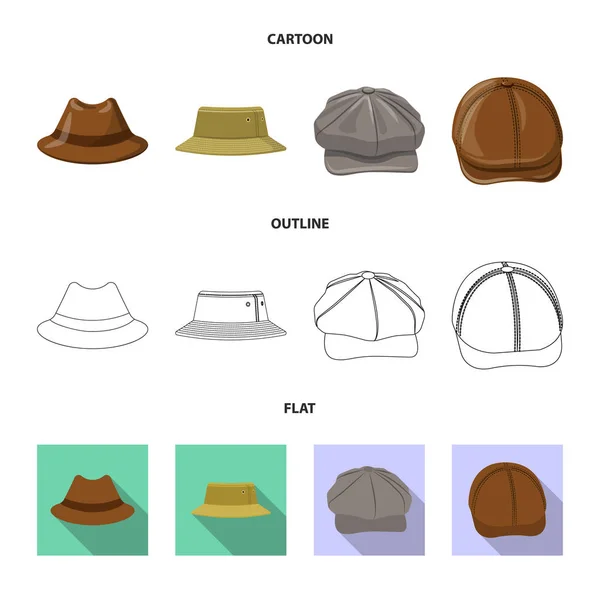 모자와 모자 상징의 고립 된 개체입니다. 헤드 기어와 재고에 대 한 액세서리 벡터 아이콘의 컬렉션. — 스톡 벡터