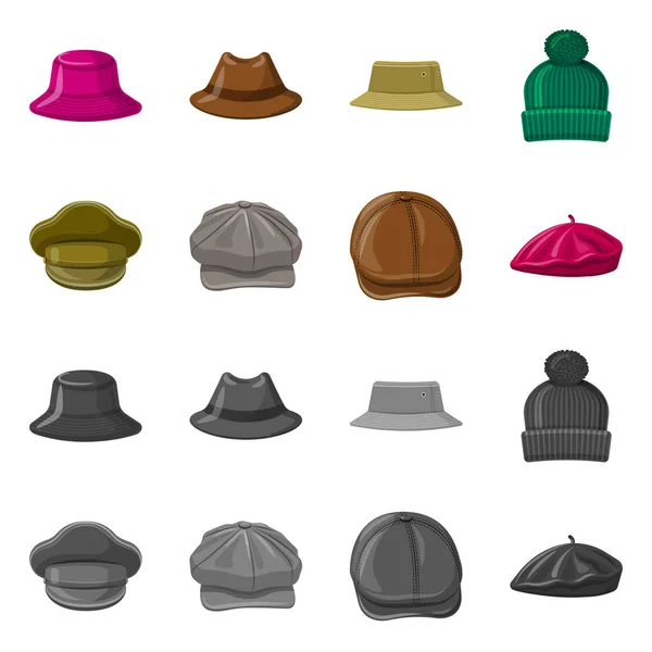 Izolovaný objekt ikony pokrývky hlavy a čepici. Kolekce z pokrývky hlavy a příslušenství burzovní symbol pro web. — Stockový vektor