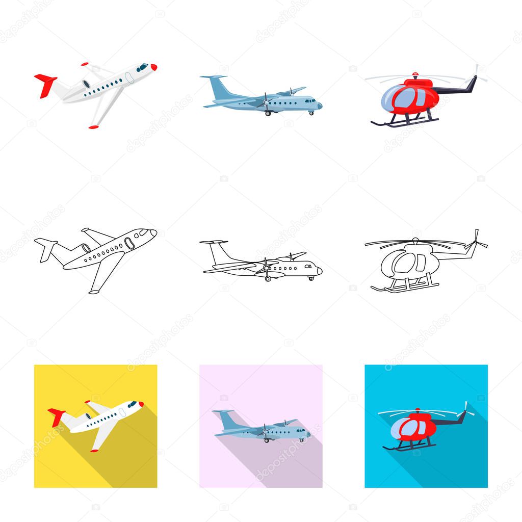 Vector illustration of plane and transport logo. Collection of plane and sky vector icon for stock.