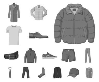 Adam ve giyim simge vektör tasarımı. Adam ayarla ve web için hisse senedi simgesi giymek.