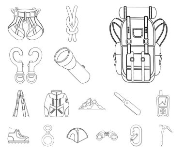 Dağcılık ve tepe logo vektör çizimi. Dağcılık ve kamp set vektör simge stok için.