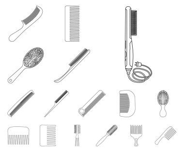 Fırça ve saç işareti yalıtılmış nesne. Fırça ve saç fırçası hisse senedi vektör çizim seti.