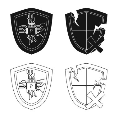 Virüs ve güvenli logo yalıtılmış nesne. Virüs ve siber hisse senedi simgesi için web topluluğu.