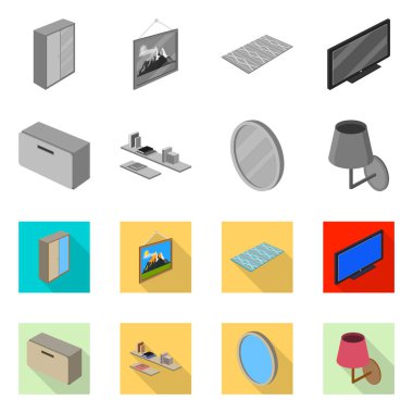 Yatak odası ve oda sembolü yalıtılmış nesne. Hisse senedi için yatak ve mobilya vektör simge kümesi.