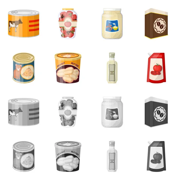 Objeto aislado de lata y signo de comida. Colección de ilustración de vectores de latas y paquetes . — Archivo Imágenes Vectoriales