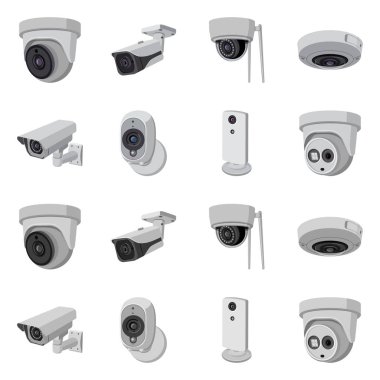 Cctv ve kamera işareti vektör Illustration. Hisse senedi için cctv ve sistem vektör simge topluluğu.