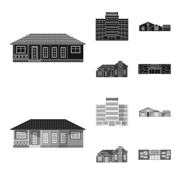 Ізольований об'єкт будівлі та передній знак. Набір будівельних та дахових векторних значків для складів . — стоковий вектор