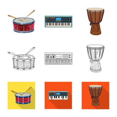 Müzik illüstrasyon vektör ve işareti ayarlamak. Hisse senedi için müzik ve araç vektör simge kümesi.