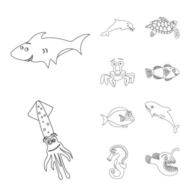 Deniz ve hayvan sembolü yalıtılmış nesne. Deniz ve deniz hisse senedi vektör çizim koleksiyonu.