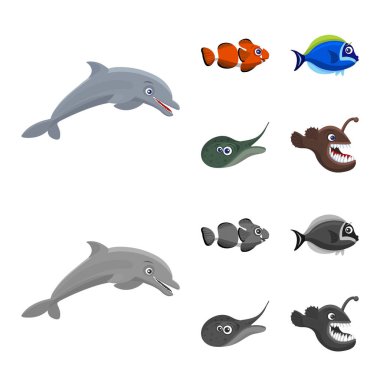 Deniz ve hayvan işareti vektör tasarımı. Deniz ve deniz hisse senedi vektör çizim koleksiyonu.