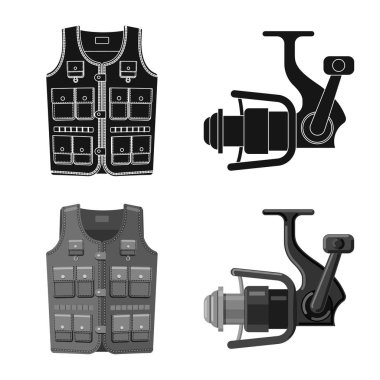 Balık ve balık tutma logo vektör tasarımı. Balık topluluğu ve hisse senedi için ekipman vektör simgesi.