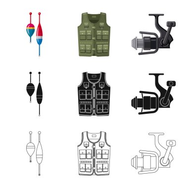 Balık ve balık tutma simge vektör tasarımı. Balık kümesi ve hisse senedi için ekipman vektör simgesi.