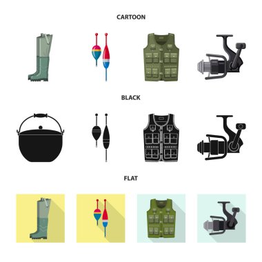 Balık ve balık tutma logo izole nesne. Balık kümesi ve hisse senedi için ekipman vektör simgesi.