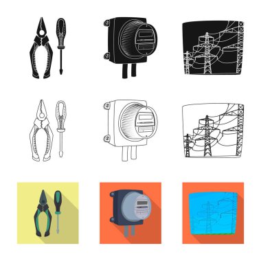 Elektrik ve elektrik simge vektör tasarımı. Elektrik ve enerji hisse senedi için vektör simge kümesi.