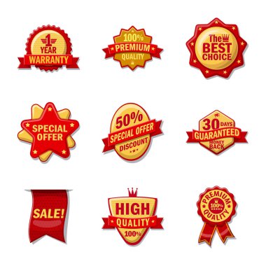 Amblem ve rozet simge vektör tasarımı. Hisse senedi için amblem ve etiket vektör simge kümesi.