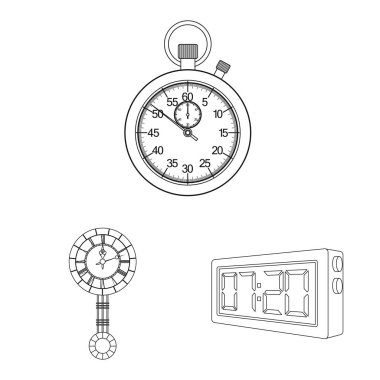 Saat ve saat işareti yalıtılmış nesne. Saat ve daire hisse senedi vektör çizim seti.