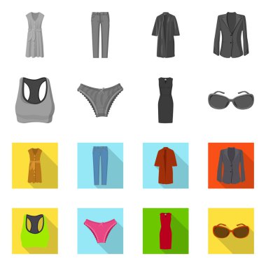 Kadın ve giyim işareti vektör çizimi. Kadın ayarla ve web için hisse senedi simgesi giymek.